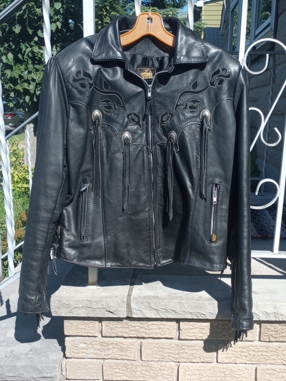 Gypsy Leather Black Fringed Vintage Retro Motorcycle Jacket w/ Conchos & Roses